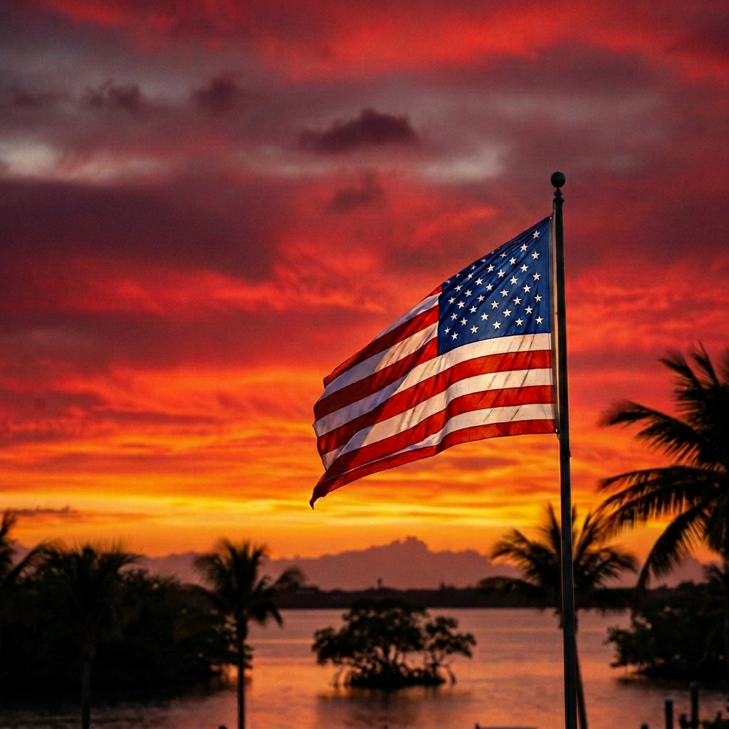 American flag at sunset over Palm Beach County